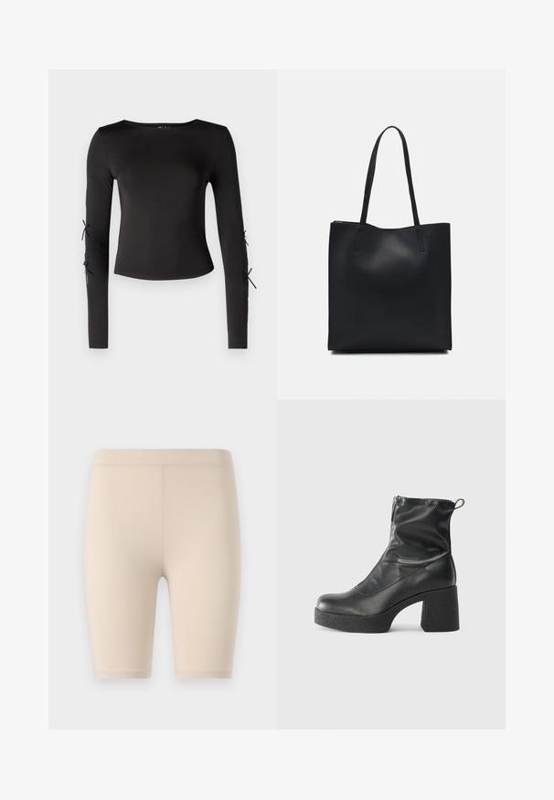 Černý dlouhý rukáv top s kulatým výstřihem. Má nastavitelné šňůrky na rukávech, vyrobený z hladké, elastické látky.; Béžové cyklistické šortky vyrobené z elastického materiálu. Délka do půli stehna s hladkým pasem. Žádné viditelné vzory nebo akcenty.; Černé kotníkové boty vyrobené z hladké kůže, s bočním zipem, robustním strukturovaným podpatkem a kulatou špičkou.; Černá kožená taška přes rameno s hladkým povrchem, obdélníkovým tvarem a dvěma dlouhými uchy. Žádné viditelné kování ani ozdoby.