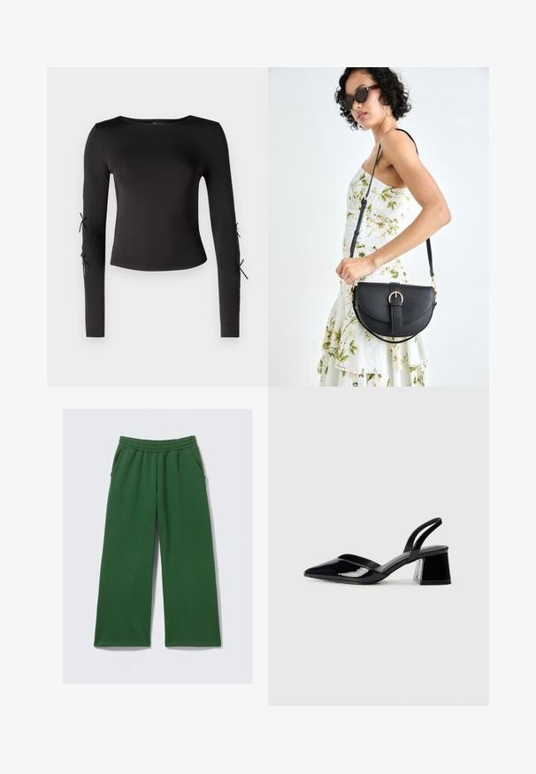 Black long-sleeve top with a round neckline. Features adjustable ties at the sleeves, crafted from a smooth, stretchy fabric.; Green wide-leg pants made of soft fabric, featuring an elastic waistband and side pockets for practical use. No visible patterns or hardware.; Black patent leather slingback heels with a pointed toe and a geometric block heel. Features a sleek, minimal design and smooth texture.; Black leather handbag with a curved shape, detachable strap, and gold hardware. The bag features a flap with a buckle detail.