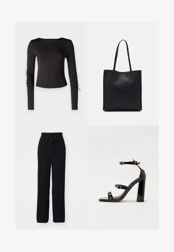 Svart langermet topp med rund hals. Har justerbare strømper ved ermene, laget av et glatt, strekkbart stoff.; Svarte, vide bukser laget av mykt stoff. Har en knyttet midjebånd og en avslappet passform, uten synlige mønstre eller detaljer.; Svart høyglans sandaler med hæl, firkantet tå, ankelremmer og sølvspenner. Har en kraftig blokkhæl for stabilitet.; Svart lær tote bag med glatt tekstur, rektangulær form og to lange håndtak. Ingen synlige deler eller dekorasjoner.