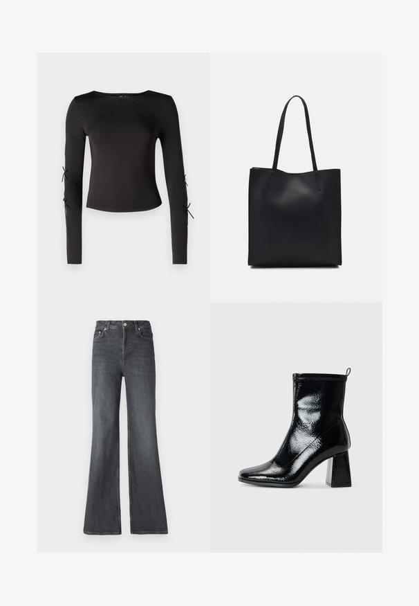 Camisola preta de manga longa com um decote redondo. Apresenta laços ajustáveis nas mangas, confecionada em um tecido liso e elástico.; Jeans flare em denim escuro com cintura alta, apresentando bolsos frontais, fecho com zip e um design clássico de cinco bolsos.; Botim de tornozelo pretos em verniz com bico quadrado e salto geométrico robusto. Apresenta uma textura suave e brilhante, além de uma pega traseira para facilitar o calçar.; Bolsa tote preta em couro com textura lisa, forma retangular e duas alças longas. Sem hardware ou enfeites visíveis.