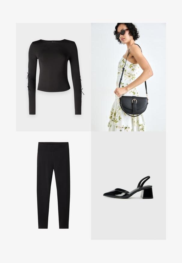 Černý dlouhý rukáv top s kulatým výstřihem. Má nastavitelné šňůrky na rukávech, vyrobený z hladké, elastické látky.; Černé legíny s širokým elastickým pasem. Vyrobené z hladkého, pružného materiálu, střižené pro přiléhavý siluetu a bez viditelných vzorů.; Černé lakované kožené lodičky na pásku s špičatou špičkou a geometrickým blokovým podpatkem. Vyznačují se elegantním, minimalistickým designem a hladkým povrchem.; Černá kožená kabelka s křivkovým tvarem, odnímatelným popruhem a zlatými detaily. Kabelka má klopu s přezkou.