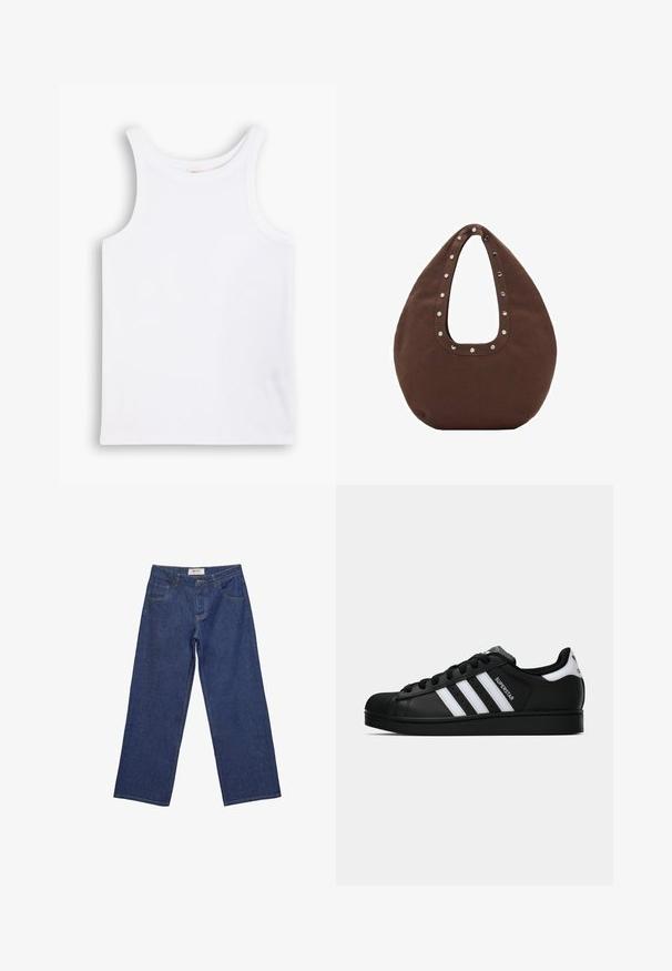 Débardeur en coton blanc avec de larges bretelles, un col rond et une texture lisse et côtelée. Aucun motif ni accent présent.; Chemise à rayures verticales bleu clair et blanche à manches longues, avec col et poche poitrine.; Jean en denim bleu avec jambes droites, bouton et fermeture éclair à l'avant, deux poches avant et passants de ceinture.; Baskets Adidas Superstar noires avec rayures blanches, bout en coque, et texte "Superstar" sur le côté, montrées en profil sur fond blanc.; Sac fourre-tout brun à forme incurvée, doté d'une grande poignée découpée ornée de rivets en argent tout le long du bord. Fabriqué en tissu doux.