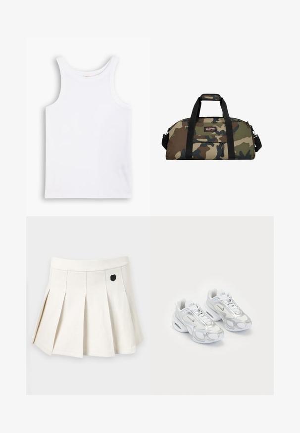 Weißes Baumwoll-Tanktop mit breiten Schulterträgern, einem runden Halsausschnitt und einer glatten, gerippten Textur. Keine Muster oder Akzente vorhanden.; Plissierter weißer Rock aus einem Baumwollmischgewebe, mit einem schwarzen Emblem auf der Vorderseite und einem elastischen Bund für eine bequeme Passform.; Weiße Sportschuhe mit einem Obermaterial aus Netzgewebe und silbernen Akzenten, einer einzigartigen Form und Luftpolsterung in der Ferse. Geflochtenes Design mit Logo.; Tarnfarbener Duffelbag aus synthetischem Material, mit schwarzen Riemen, einem oberen Tragegriff und einer vorderen Reißverschlusstasche; verfügt über grüne, braune und beige Muster.