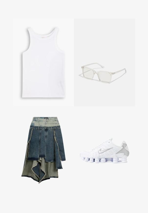 Bela pamučna majica bez rukava s širokim naramenicama, okruglim izrezom i glatkom, rebrastom teksturom. Nema uzoraka ili ukrasa.; Traper suknja s dizajnom patchwork u raznim nijansama plave i zelene boje, izrezanim rubovima, asimetričnim donjim rubom i višestrukim panelima.; Bijele atletske tenisice s mrežastim gornjim dijelom, srebrnim akcentima i jedinstvenim dizajnom potplata u obliku spirale. Imaju podstavljeni ovratnik i vezanje za prilagodbu.; Prozirne plastične naočale kvadratnog okvira s prozirnim lećama, koje sadrže zlatne akcentne detalje na drškama.