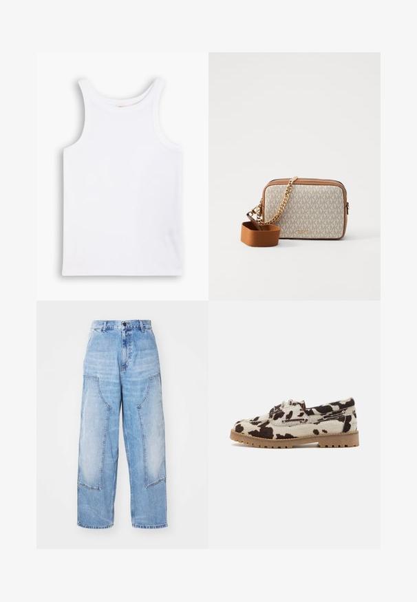 Débardeur en coton blanc avec de larges bretelles, un col rond et une texture lisse et côtelée. Aucun motif ni accent présent.; Pantalon en denim bleu clair à jambe large avec deux grandes poches avant, une fermeture à bouton et une décoloration subtile. Détails de coutures sur les poches.; Chaussures à motif peau de vache avec une base crème et des taches marron foncé, construites avec une semelle en caoutchouc et un lacet.; Sac bandoulière en tissu crème avec un motif répété de logo MK, ornements en cuir marron et une bandoulière en chaîne dorée avec une sangle marron amovible.