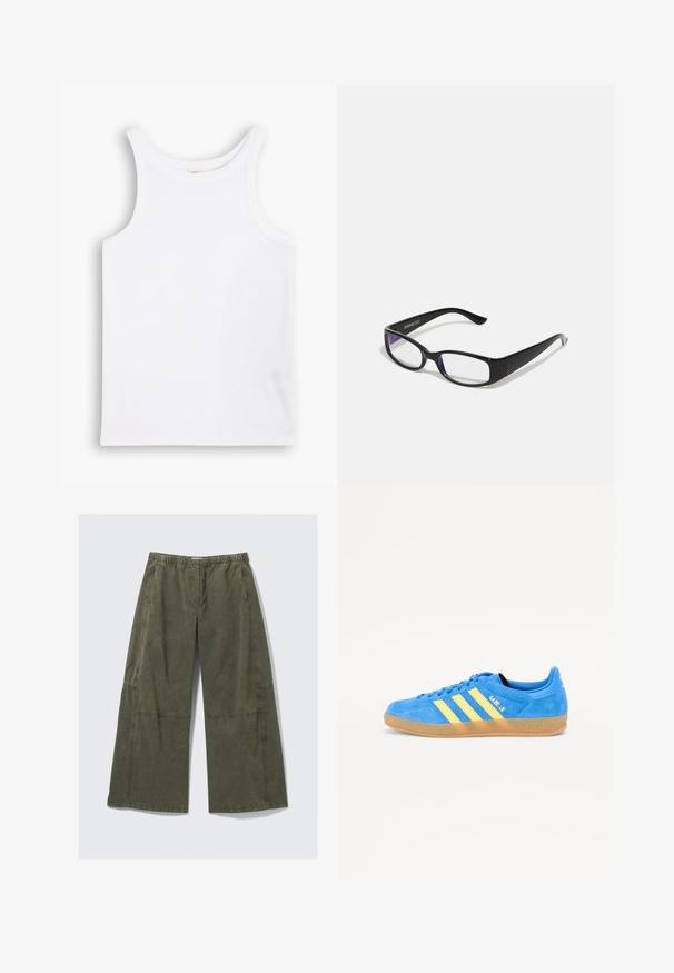 Débardeur en coton blanc avec de larges bretelles, un col rond et une texture lisse et côtelée. Aucun motif ni accent présent.; Pantalons larges en tissu vert olive, dotés d'une taille élastique, de coutures visibles et d'une coupe décontractée avec des coutures latérales.; Baskets en suède bleu avec des rayures jaunes, semelle en caoutchouc et marquage "Gazelle". Bout arrondi et design à lacets.; Des lunettes rectangulaires noires avec des verres transparents. Fini brillant, branches étroites et teinte violette visible sur les bords des verres.