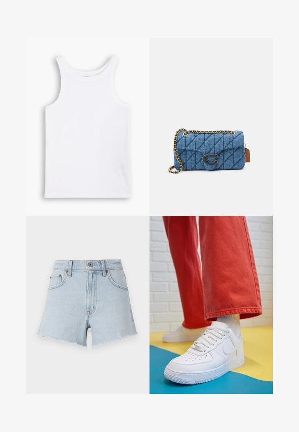 Valkoinen puuvillainen hihaton toppi leveillä olkaimilla, pyöreällä kaula-aukkolla ja sileällä, nauhamaista pintarakennetta. Ei kuvioita tai yksityiskohtia.; Vaalean siniset farkkuhameet, joissa on korkea vyötärö, kuluneet reunat ja viisi taskua. Varustettu metallipainikkeella ja kontrastivärisin ompelein.; Valkoinen nahkakengät, joissa on rei'itetty varvasosa, teksturoitu pohja ja valkoiset nauhat, yhdistettynä leveisiin punaisiin housuihin ja sinikeltaiseen taustaan.; Sinine vatitatud teksakott õlal, millel on kuldne ahel rihm ja silmapaistev kuldne logo esiosas. Kompaktne ristkülikukujuline vorm.