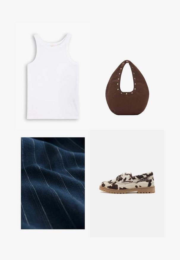 Top de bumbac alb fără mâneci, cu bretele late, decolteu rotund și o textură netedă, cu rigle. Fără modele sau accente prezente.; Țesătură bleumarin cu dungi verticale fine albe, având o textură netedă și un ușor luciu, pliată pentru a evidenția căderea și delicatețea.; Pantofi cu model de piele de vacă, având o bază cremă și pete maro închise, construiți cu o talpă din cauciuc și detalii cu șireturi.; Geantă tote marron cu o formă curbată, având un mâner mare decupat decorat cu nituri argintii de-a lungul marginii. Fabricată dintr-un material moale.