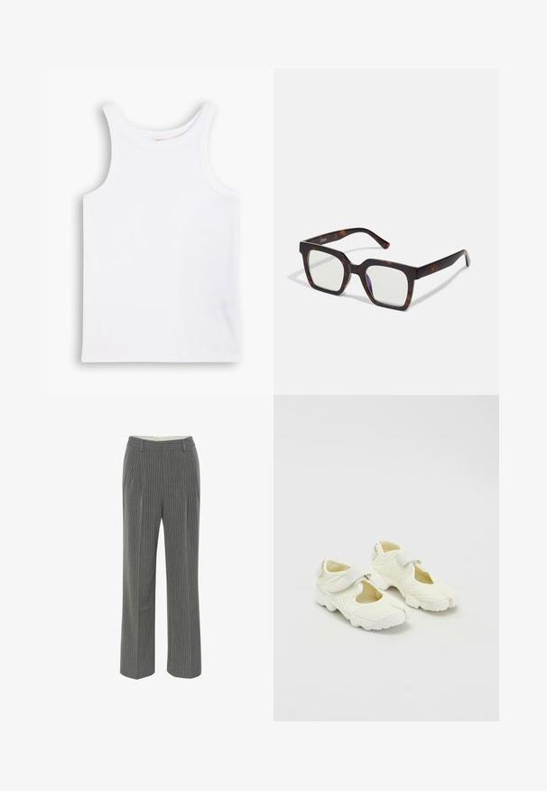 Hvid bomulds tanktop med brede skulderstropper, en rund halsudskæring og en glat, ribbet tekstur. Ingen mønstre eller detaljer til stede.; Grå stribede bukser med skræddersyet pasform, flad forside og bred ben-design. Lavet af et glat, let stof.; Hvide net sko med et struktureret design, der har en velcro-rem og udskårne sider, tekstureret stof og en kraftig sål.; Firkantede solbriller med en skildpaddeacetatramme og klare linser. Har brede stænger og en mat finish, der forbedrer den samlede holdbarhed.; Cremefarvet læder skuldertaske med en halvmåneform, tynd rem og diskrete syninger. Minimalistisk design med hardware-accenter i guldton.