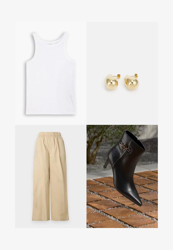 Balts kokvilnas topiņš ar platām plecu siksnām, apaļu kakla izgriezumu un gludu, ribotu tekstūru. Nav nekādu rakstu vai akcentu.; Bēšas krāsas plataji bikses ar elastīgu vidukli, gludu priekšpusi un maigu auduma faktūru. Piedāvā vaļēju piegriezumu ērtībai.; Melnas ādas potītes zābaki ar norādītu pirkstu un mazu papēdi. Ar zelta ķēdes akcentu uz potītes. Iespaidīgi izvietoti uz teksturētas akmens virsmas.; Zelta uzgaļi auskari ar gludu, noapaļotu formu un spīdīgu virsmu; aprīkoti ar mazu stiprinājuma kātiņu, lai nodrošinātu drošu uzkabināšanu.