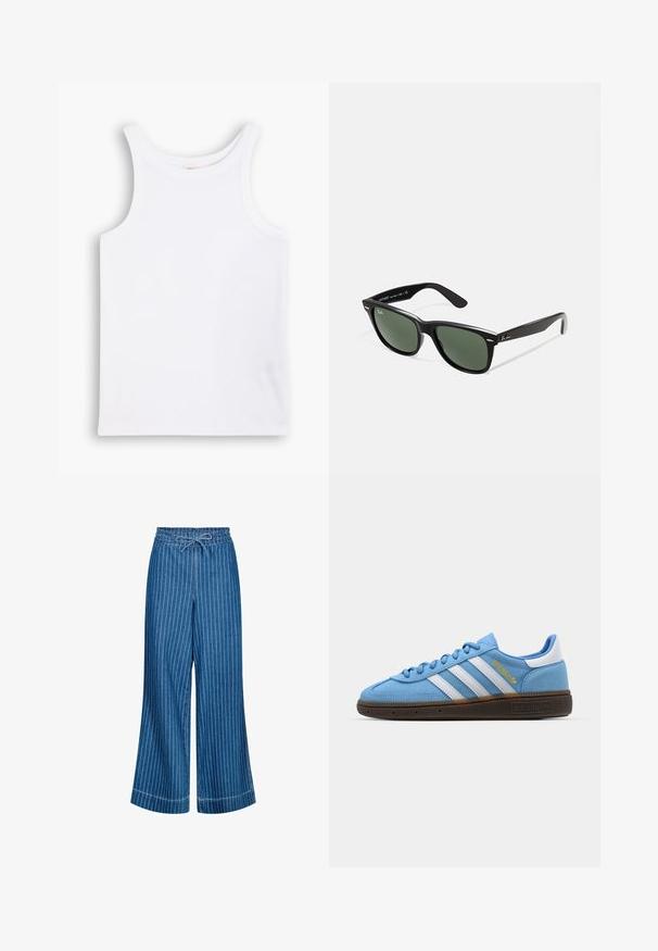 Balta medvilninė marškinėliai be rankovių su plačiomis petnešomis, apvaliu kaklu ir lygia, raibuliuojančia tekstūra. Nėra jokių raštų ar akcentų.; Mėlynos džinsinės plačios kelnės su baltomis vertikaliomis juostelėmis. Yra raištelių juosmuo ir lygi tekstūra. Matoma akcentinė siuvimo linija.; Šviesiai mėlyni suediniai sportbačiai su baltomis odinėmis juostelėmis, ruda tekstūruota padais ir auksiniu logotipo akcentu. Žemas dizainas su apvaliu pirštu.; Juodi plastikiniai saulės akiniai su žaliais objektyvais, kvadratiniais rėmeliais, sidabriniu akcentu ant antakio ir tekstūruotais šventyklų šakutėmis. Vidinėje šakutėje nurodyta prekės ženklo pavadinimas.