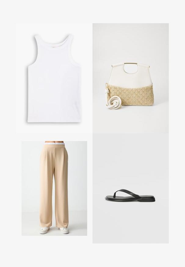 Witte katoenen tanktop met brede schouderbanden, een ronde halslijn en een gladde, geribbelde textuur. Geen patronen of accenten aanwezig.; Beige, wijde broekspijpen gemaakt van gladde stof met een relaxte pasvorm. Kenmerken zijn een zachte, elastische tailleband en subtiele plooien aan de voorkant.; Zwarte teenflip-flop van glad leer, met een dunne band en een platte zool met een minimalistisch profiel. Geen opvallende patronen of accenten.; Witte leren handtas met een doorgetrokken creme geweven stof aan de onderkant. Voorzien van een gouden handvat en een opgerolde witte schouderband voor veelzijdigheid.