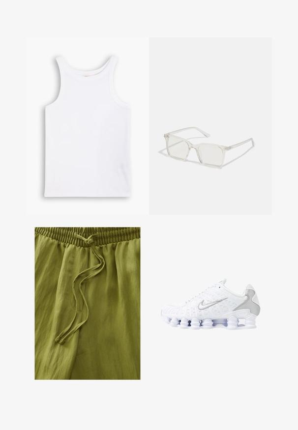 Canotta bianca in cotone con spalline larghe, scollatura rotonda e una texture liscia e a coste. Nessun motivo o dettaglio presente.; Pantaloni verde oliva realizzati in tessuto leggero. Caratterizzati da una vita elastica e coulisse. Texture liscia con una morbida caduta.; Scarpe sportive bianche con tomaia in rete, dettagli argentati e un design unico della suola a molla. Presentano un colletto imbottito e chiusura con lacci per una vestibilità ottimale.; Occhiali da sole quadrati in plastica trasparente con lenti traslucide, caratterizzati da dettagli in oro sulle tempie.; Borsa a spalla in denim trapuntato blu con tracolla in catena dorata e un accentuato logo dorato sul davanti. Forma rettangolare compatta.