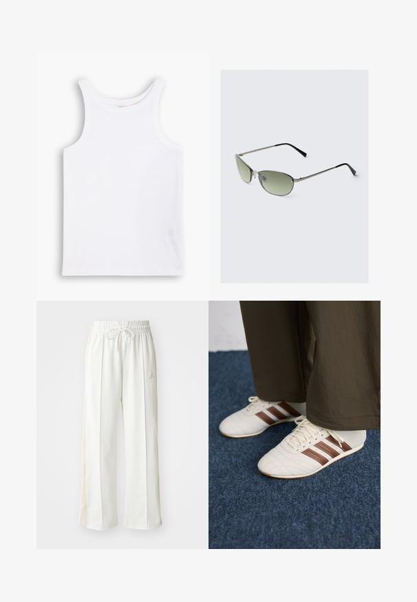 White cotton tank top with wide shoulder straps, a round neckline, and a smooth, ribbed texture. No patterns or accents present.; White wide-leg sweatpants with an elastic waistband and drawstring, featuring a subtle beige side panel and embossed logo detail.; White sneakers with brown stripes worn with brown pants on blue carpeted floor.; Metal sunglasses with elongated green lenses, slim silver frame, and black temple tips. Features small nose pads for comfort.