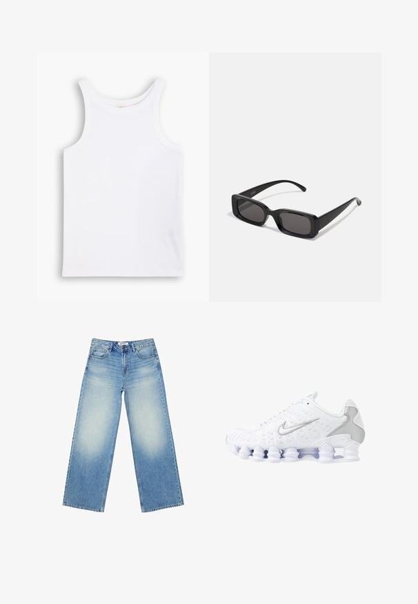 Biała bawełniana koszulka na ramiączkach z szerokimi paskami, okrągłym dekoltem i gładką, prążkowaną strukturą. Brak wzorów i akcentów.; Jasnoniebieskie jeansy z szerokimi nogawkami wykonane z denimu, z wysokim stanem, wyblakłym odcieniem oraz klasycznym pięciopocketowym wzorem z zapięciem na przedni guzik.; Białe buty sportowe z siateczkową cholewką, srebrnymi akcentami i unikalnym designem podeszwy w postaci cewki. Posiadają wyściełany kołnierz oraz zapięcie na sznurowadła dla lepszego dopasowania.; Czarne prostokątne okulary przeciwsłoneczne z ciemnymi szkłami, błyszczącym wykończeniem, szerokimi zausznikami i masywną konstrukcją. Wygrawerowana nazwa marki na jednym z zauszników.