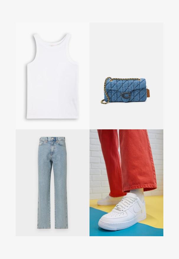 Balts kokvilnas topiņš ar platām plecu siksnām, apaļu kakla izgriezumu un gludu, ribotu tekstūru. Nav nekādu rakstu vai akcentu.; Gai zili džinsi ar taisno kāju dizainu, piecām kabatām, pogu aizdari un smalku tekstūru. Nav redzamu bojājumu vai rakstu.; Baltās ādas kedas ar perforētu purngalu, teksturētu zoli un baltām auklām, apvienotas ar platām sarkanām biksēm un zilu un dzeltenu fona.; Zila kvadrātveida džinsu plecu soma ar zelta ķēdes siksnu un izteiksmīgu zelta logotipa akcentu priekšpusē. Kompakta taisnstūra forma.