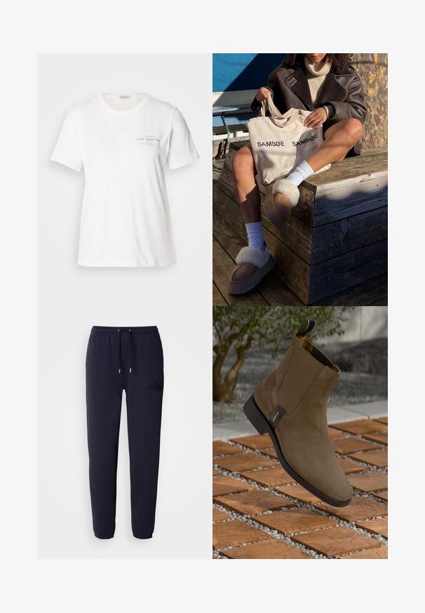 Weißes Baumwoll-T-Shirt mit kurzen Ärmeln, rundem Halsausschnitt und pink/blauem Grafikdruck mit der Aufschrift "Gant Sports Club 1949" auf der Brust.; Dunkelblaue Sweatpants aus weichem Stoff, ausgestattet mit einem elastischen Bund und einem Kordelzug, sowie einem gestickten Logo an einem Bein.; Braune Wildleder Chelsea-Boots mit schwarzer Gummisohle, seitlichen elastischen Einsätzen und einer Zuglasche. Platziert auf einer gemusterten Holzoberfläche.; Beige Tragetasche mit zweimal aufgedrucktem "SAMSOE", tanfarbene Hausschuhe mit weißem Kunstfellbesatz, weiße Socken und einen braunen Schaffellmantel auf einer Holzoberfläche.