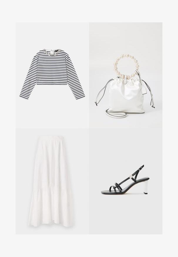Stribet langærmet bluse i hvid og navy, cropped design med rund halsudskæring, der har en dekorativ sølvkæde detalje ved kraven.; Hvid midi-nederdel lavet af let stof, med et tiered design, subtil blomsterbroderi og en rynket talje.; Sorte hælede sandaler med flere smalle remme, et slingback-design og en sølvaccent på hælen. Glat overflademateriale og firkantet hæl.; Hvid satin drawstring taske med en perle-dekoreret, cirkulær hank, læderdetaljer og en aftagelig rem for alsidighed.