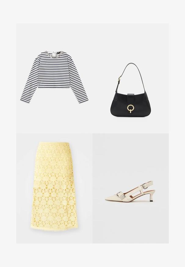 Črtasta bluza z dolgimi rokavi v beli in mornarsko modri barvi, krajša zasnova z okroglim izrezom, ki ima dekorativno srebrno verižico na ovratniku.; Rumena kvačkana midi krila z zvezdastimi cvetličnimi vzorci, z valovitimi robovi in teksturirano površino. Elastičen pas za boljšo prileganje.; Bela usnjena slingback čevlja s koničastim nosom, majhnim peto in nastavljivim trakom, ki ima izrazit srebrn zaponko.; Črna usnjena torbica s ukrivljeno silhueto, kratkim ročajem, centralno zlatim okrasom in gladko teksturo. Brez vidnih vzorcev ali dodatkov.