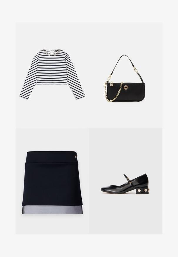 Baltas ir mėlynas dryžuotas ilgarankovės marškinėliai, trumpas dizainas su apvalia iškirpte, kuriame yra dekoratyvi sidabrinė grandinėlė prie apykaklės.; Juoda sijonas su prigludusia liemene ir permatomu tinklo apdailos priedu. Audinys lygaus paviršiaus, su struktūrizuotu dizainu, apipavidalintas maža metaline detale.; Juodas patentuotas Mary Jane batelis su kvadratiniu pirštu, kulkšnių dirželiu ir žemu blokiniu kulniuku, papuoštas dviem auksiniais akcentais blizgučiais.; Juoda rankinė su lygiu paviršiumi, turinti auksinį grandinėlės diržą, užtrauktuko uždarymą ir dekoratyvinį auksinį emblemos ženklą priekyje.