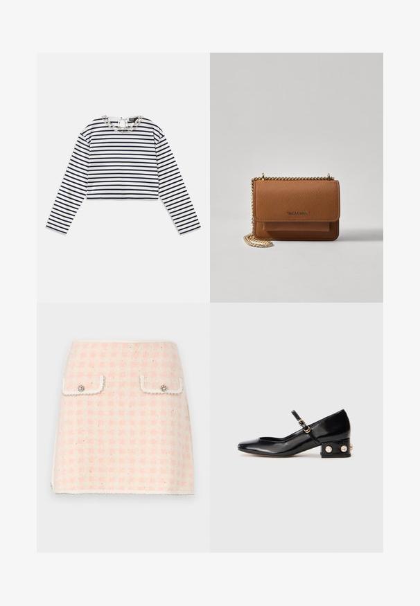 Raidallinen pitkähihaine toppi valkoisena ja laivastonsinisenä, lyhennetty malli, jossa on pyöreä pääntie ja koristeellinen hopeaketju yksityiskohtana kauluksessa.; Villakangasminihame vaaleanpunaisella ja kerma-valkoisella ruudullisella kuviolla, jossa on kaksi etutaskua koristepainikkeilla ja fringed-koriste. ; Musta lakattu nahkainen Mary Jane -kengä, jossa on neliömäinen kärki, nilkkaremmi ja matala blokkikorko, joka on koristeltu kahdella kultaisella kimmeltävällä kivillyllä.; Ruskean teksturoidun nahkasta valmistettu crossbody-laukku, jossa on kultaketjuhihna ja läppäkiinnitys. Edessä on logodetail ja tasku läppäisen alla.