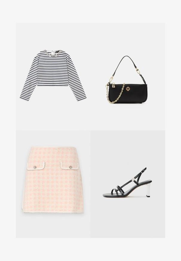 Prugasta majica s dugim rukavima u bijeloj i mornarskoj plavoj boji, skraćenog dizajna s okruglim izrezom koji ima dekorativni detalj od srebrnog lanca na ovratniku.; Vuna mini suknja u ružičastoj i krem uzorku s kariranim motivom, sadrži dva prednja džepa s dekorativnim dugmadima i resastim rubom.; Crne sandale na visokoj potpetici s više uskih trakica, dizajnom s remenom oko pete i srebrnim detaljem na potpetici. Glatki gornji materijal i kvadratna potpetica.; Crna torba s glatkom teksturom, s zlatnim lancem za nošenje, zatvaranjem na zip i ukrasnim zlatnim emblemom sprijeda.