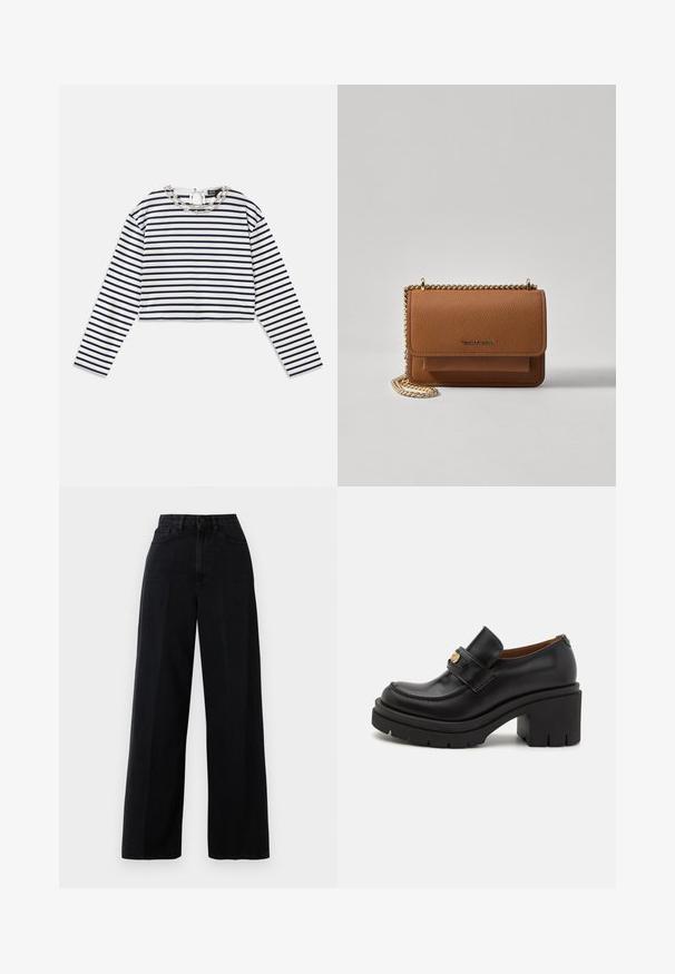 Top a maniche lunghe a righe bianco e blu navy, design cropped con scollatura rotonda e dettaglio decorativo in catena argentata al colletto.; Jeans amp; larga nera in denim, con vita alta, tasche anteriori e chiusura con bottone. Il tessuto ha una consistenza liscia.; Mocassini in pelle nera con una suola alta e spessa, dotata di una texture. Presentano un design cucito e un accento dorato sulla fascia.; Borsa a tracolla in pelle marrone con texture, dotata di catena dorata e chiusura a pattina. Sul davanti presenta un dettaglio con logo e una tasca sotto la pattina.