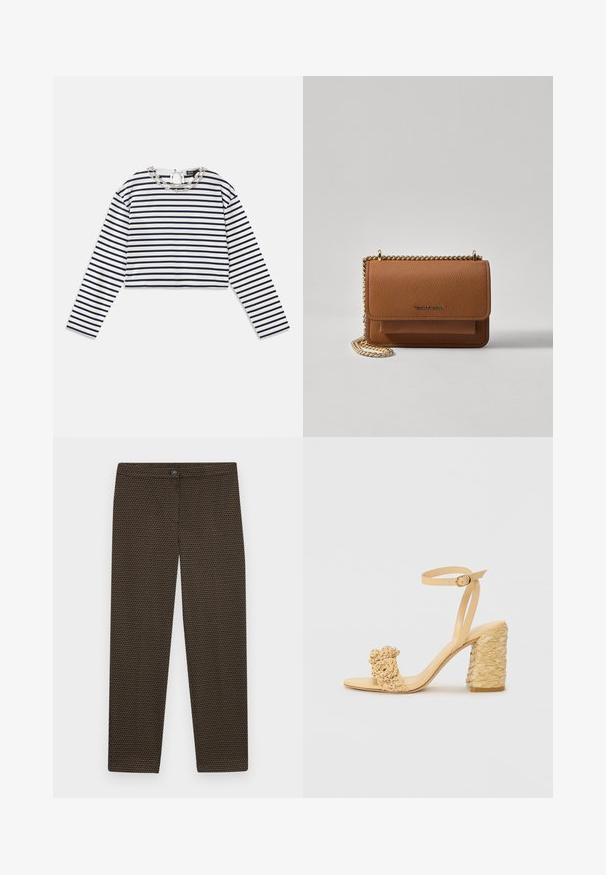 Prugasta majica s dugim rukavima u bijeloj i mornarskoj plavoj boji, skraćenog dizajna s okruglim izrezom koji ima dekorativni detalj od srebrnog lanca na ovratniku.; Smeđi hlače s uzorkom koje imaju geometrijski dizajn u tamnim bojama, meke teksture, ravnih nogavica i prednjim kopčanjem na dugme.; Bež sandala s visokom potpeticom, s pletenom teksturom, ukrašena cvijetom i remenom oko gležnja. Kvadratna potpetica dodaje stabilnost.; Smeđa kožna torba preko tijela s teksturom, zlatnim lančićem i preklopom na zatvaranju. Na prednjoj strani nalazi se detalj s potpisom i džep ispod preklopa.