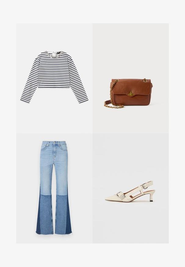 Striped long-sleeve top in white and navy, cropped design with a round neckline featuring a decorative silver chain detail at the collar.; Denim flared jeans featuring light and dark blue patchwork segments, a high waist, and frayed hems for added texture and detail.; White leather slingback shoe with a pointed toe, small heel, and adjustable strap featuring a prominent silver buckle detail.; Brown leather crossbody bag with a flap closure, gold hardware, and a chain strap. Smooth texture, rectangular shape, minimal detailing.