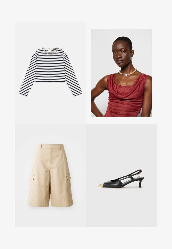 Striped long-sleeve top in white and navy, cropped design with a round neckline featuring a decorative silver chain detail at the collar.; Beige cargo shorts made from lightweight fabric, featuring two side pockets, a flat front, and a relaxed fit.; Black leather slingback shoe with a pointed toe and gold metallic cap. Features cut-out design and a slender heel with an adjustable strap.; Cowl-neck, deep red dress with a smooth texture. Features a pearl necklace with a decorative silver accent at the center.