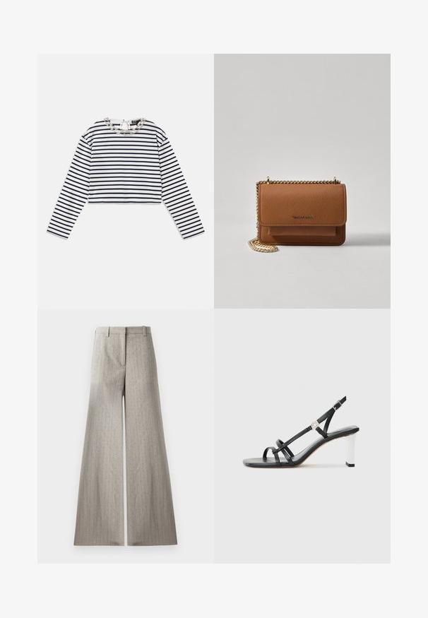 Ribidega valge ja tumesinise tooniga pika varrukaga topp, lühikese disainiga ümmarguse kaelusega, millel on dekoratiivne hõbedane kett kaeluse detailina.; Hallid laiad püksid, valmistatud tekstuursete kangast, millel on vertikaalsed triibud ja peened metallikaktsendid kogu ulatuses. Lamedad esiosad ja vööloopide jaoks augud.; Mustad musta värvi kontsaga sandaalid mitme kitsaste rihmaga, slingback disainiga ja hõbedase aktsendiga kontsal. Sile ülemine materjal ja kvartskonts.; Pruun tekstureeritud nahk ristkeha kott kuldse ahelaga rihmaga ja klapiga sulgemine. Esiküljel on logo detail ja tasku klapi all.