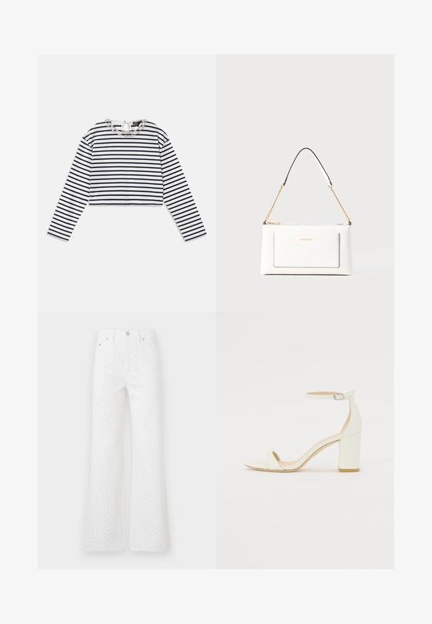 Prugasta majica s dugim rukavima u bijeloj i mornarskoj plavoj boji, skraćenog dizajna s okruglim izrezom koji ima dekorativni detalj od srebrnog lanca na ovratniku.; Bijele traperice s rasplamsanim krojem od teksturiranog materijala s crnim točkicama. Dizajn s pet džepova s prednjim kopčanjem na dugme i patentni zatvarač.; Bijela kožna sandala na blok petu s remenom oko zapešća i minimalističkim dizajnom. Otvoreni nos i glatke teksture kroz cijelu obuću.; Bijela kožna torba s teksturiranim završetkom, koja ima zlatni lančić i crne akcentne detalje. Uključuje prednji džep i zatvaranje na patentni zatvarač.