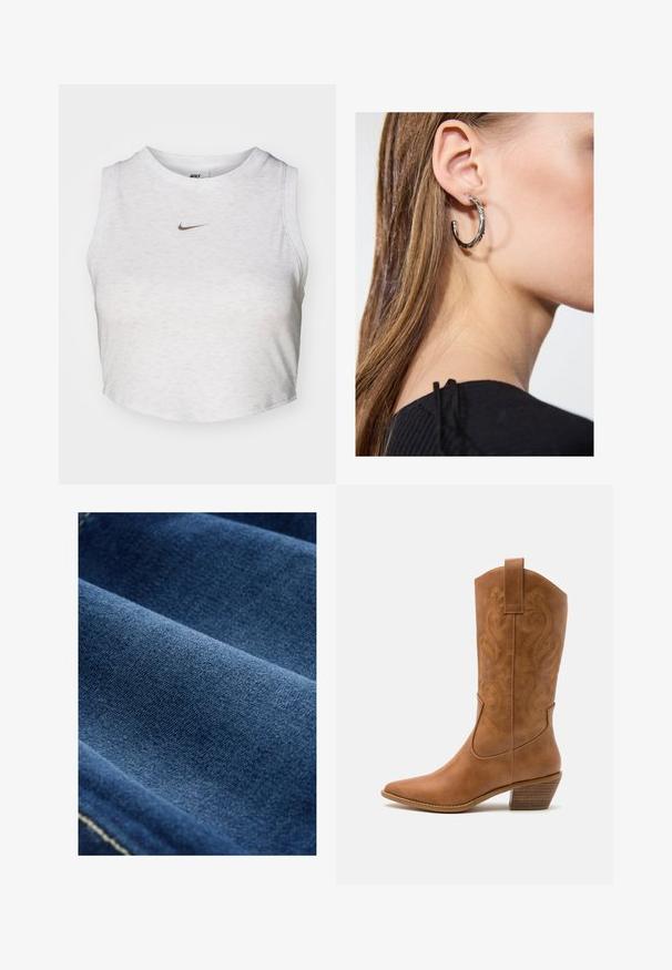 Valge lühike topp, mis on valmistatud pehmest ja tekstuurist kangast. Omab ümmargust kaelaauku ja ilma varrukateta disaini ning väikest kuldset Nike logo ees.; Tume sinine denimkangas, millel on sujuv tekstuur, nähtav kudumine ja kerge venitus. Äärtes on nõrgad õmblusread.; Kohvitooni nahast cowboy-kork, millel on terav varvas, tikitud keerised varrel ja virnastatud ploki konts. Omab tõmbeava, et seda oleks lihtne jalga panna.; Hõbedane rõngas kõrvarõngas poleeritud viimistlusega, millel on väikesed kuldsed aktsendid ja ümmargune kuju, kantud lobus.