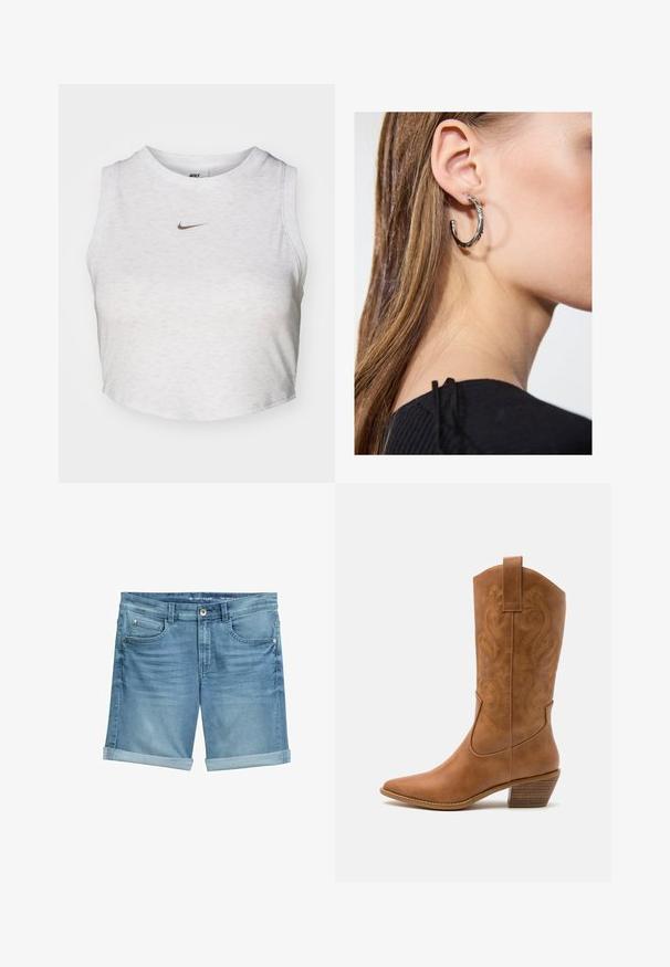 Bijela kratka majica od mekog, strukturiranog materijala. Ima okrugli izrez i bezrukavni dizajn s malim zlatnim Nike logotipom sprijeda.; Traperice kratke hlače u svijetloplavoj boji s izblijedjelim završetkom, s preklopljenim rubovima, dizajnom s pet džepova i metalnom kopčom na struku.; Smeđe kožne kaubojke s oštrim nosom, izvezenim spiralnim uzorcima na gornjem dijelu i blok petom. Imaju potporu za lakše obuvanje.; Srebrna kružna naušnica s poliranim završetkom, koja ima male zlatne detalje i okrugli oblik, nošena na uhu.