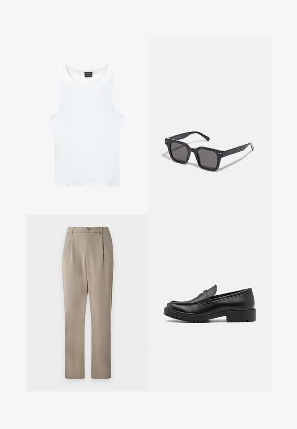 Débardeur blanc sans manches en coton côtelé. Présente un col rond et une texture lisse. L'étiquette indique "PULL&BEAR."; Chemise beige à manches courtes en tissu léger, avec un col cranté et cinq boutons sur le devant, offrant une coupe décontractée.; Pantalon khaki avec une coupe droite, doté d'une fermeture à bouton et d'un devant plissé. Fabriqué en tissu lisse avec une finition mate.; Mocassins en cuir noir avec un bout arrondi, un design à enfiler et une semelle en caoutchouc épaisse avec une texture antidérapante. Talon surélevé et détails de surpiqûre subtils.; Lunettes de soleil noires rectangulaires avec des verres foncés, arborant une monture épaisse, des accents subtils sur les côtés et aucun logo visible en dehors du nom de la marque.; Montre-bracelet à quartz Casio avec un cadran noir, un bracelet en acier inoxydable argenté, de grands chiffres blancs et rouges, et une étanchéité jusqu'à 200 mètres.
