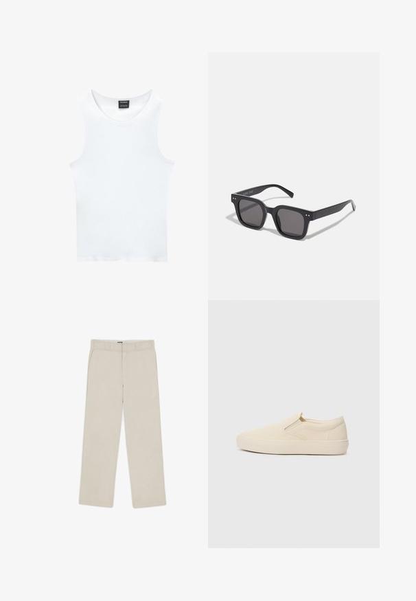 Hvid ærmeløs tanktop lavet af ribbet bomuld. Har en rund halsudskæring og en glat tekstur. Etiketten siger "PULL&BEAR."; Beige brede bukser med en glat tekstur, der har bæltestropper, to frontlommer og en lynlåslukning. Minimalistisk design.; Beige slip-on sko lavet af canvas med gummisål. Har elastiske sideaccenter og en glat tekstur. Simpel, rundet design.; Sorte rektangulære solbriller med mørke linser, der har en tyk ramme, subtile detaljer på siderne og uden synlige logoer udover mærkenavnet.; Metal kvartsur med sort urskive, hvide tal og datoviser. Har en urkasse i rustfrit stål og en vandmodstand på 100 m.