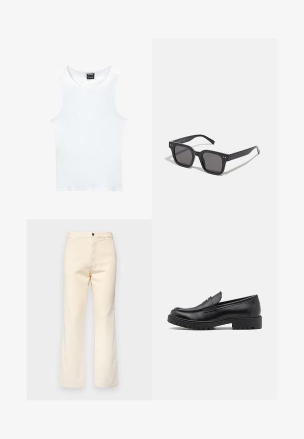 Biely bezrukávový top z rebrovanej bavlny. Má zaoblený výstrih a hladkú textúru. Štítok hovorí "PULL&BEAR."; Krémové bavlnené džínsy s rovnými nohavicami, s predným zapínaním na gombík a štandardným pätkám s piatimi vreckami.; Čierne kožené mokasíny s okrúhlou špičkou, s designom na obúvanie a hrubou gumovou podrážkou s textúrovanou protišmykovou úpravou. Vyvýšený opatok a jemné prešívanie.; Čierne obdĺžnikové slnečné okuliare s tmavými sklami, s hrubým rámom, jemnými akcentmi na stranách a bez viditeľných log, okrem názvu značky.; Strieborné hodinky z nerezovej ocele s modro-červeným rámčekom, námorníckou čelom, bielymi hodinovými značkami, quartzovým mechanizmom, vodoodolnosťou do 200 m a zobrazením dátumu.
