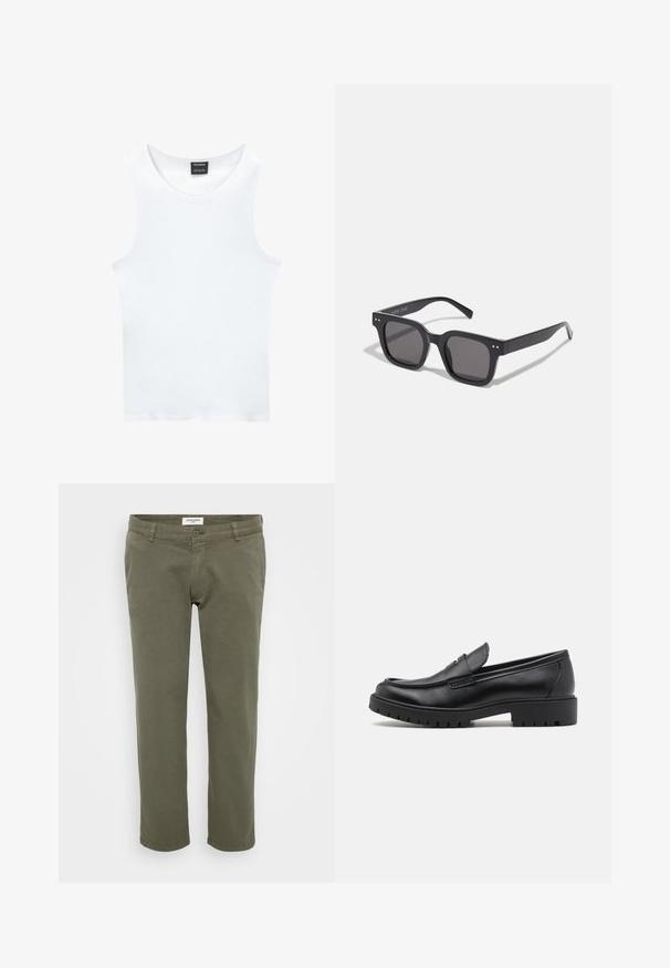 Witte mouwloze tanktop van ribgewoven katoen. Heeft een ronde halslijn en een gladde textuur. Etiket leest "PULL&BEAR."; Olivengroene chinos met een rechte snit, gemaakt van katoen met een lichte structuur, voorzien van een knoopsluiting en riemlussen.; Zwarte leren instappers met een ronde neus, slip-on ontwerp en dikke rubberen zool met een gestructureerde grip. Verhoogde hak en subtiele stikdetails.; Zwarte rechthoekige zonnebril met donkere lenzen, voorzien van een dik montuur, subtiele accenten aan de zijkanten en zonder zichtbare logo's behalve de merknaam.; Zilveren roestvrijstalen horloge met blauwe en rode bezel, marineblauwe wijzerplaat, witte uurmarkeringen, quartz beweging, waterbestendig tot 200m en datumweergave.