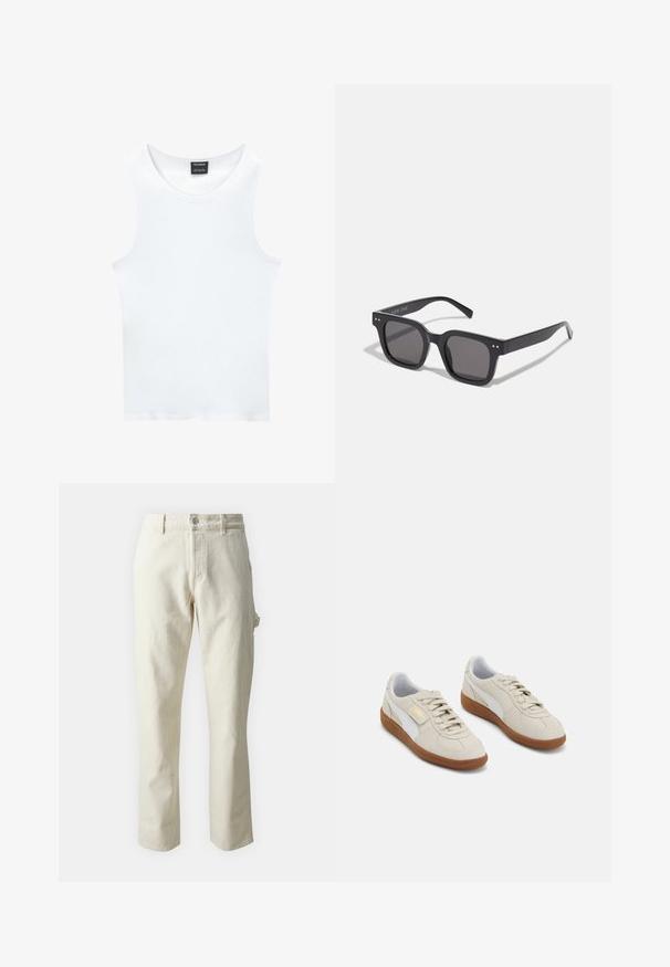 Bijela bezrukavna majica od rebrastog pamuka. Ima zaobljen dekolte i glatku teksturu. Oznaka glasi "PULL&BEAR."; Bež hlače ravnog kroja od pamuka s mekim teksturom, s prednjim gumbom i detaljem bočnih džepova.; Bež zamshock tenisice s bijelim kožnim detaljima i smešnim gumiranim potplatima. Imaju okrugao vrh, vezice i zlatni logo sa strane.; Crne pravokutne sunčane naočale s tamnim lećama, debljeg okvira, suptilnim naglascima sa strane i bez vidljivih logotipa osim imena brenda.; Metalni kvarcni sat s crnim licem, bijelim brojkama i prikazom datuma. Ima čeličnu narukvicu i vodootpornost do 100m.