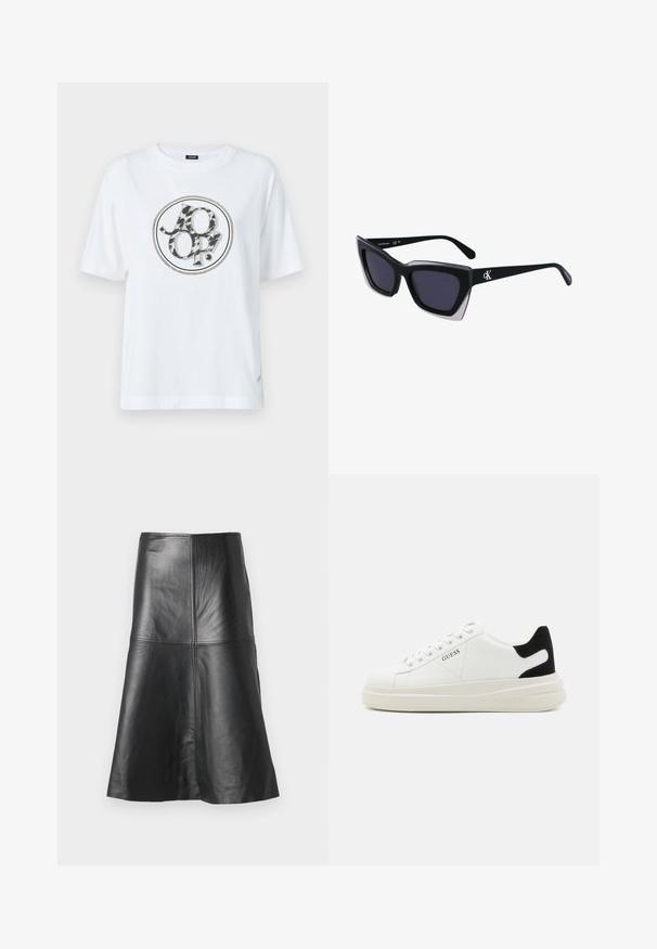 Weißes Baumwoll-T-Shirt mit einem runden grafischen Logo, das ein Schwarz-Grau Tiermuster-Design zeigt. Kurze Ärmel und eine lockere Passform.; Schwarzer Leder-A-Linie-Rock mit Nähten und glatter Textur, der sich zur Saumkante verjüngt. Schlichtes Design ohne zusätzliche Verzierungen.; Weiße Leder-Sneaker mit einer dicken weißen Sohle, schwarzem Wildlederakzent an der Ferse und geprägtem Logo an der Seite. Schnürdesign mit sechs Ösen.; Schwarze übergroße Sonnenbrille mit geometrischer Form, ausgestattet mit dunklen Gläsern und einem kontrastierenden grauen Detail im Rahmen. Logo am Bügel.