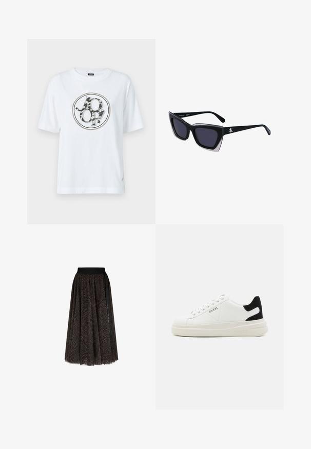 T-shirt blanc en coton avec un logo graphique rond à motif animal en noir et gris. Manches courtes et coupe décontractée.; Jupe midi à motifs marron et noir avec une taille élastique noire et un détail de rayure verticale noire sur un côté.; Baskets en cuir blanc avec une épaisse semelle blanche, un accent en daim noir au niveau du talon et un logo embossé sur le côté. Design à lacets avec six œillets.; Lunettes de soleil noires surdimensionnées avec une forme géométrique, dotées de verres foncés et d'un détail gris contrastant sur la monture. Logo sur la branche.