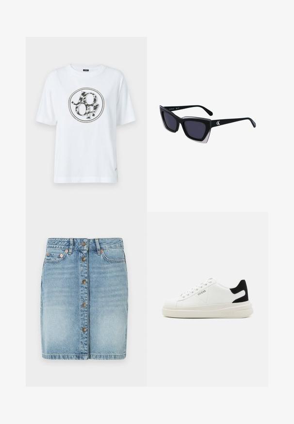 Weißes Baumwoll-T-Shirt mit einem runden grafischen Logo, das ein Schwarz-Grau Tiermuster-Design zeigt. Kurze Ärmel und eine lockere Passform.; Helles blaues Denim-Rock mit Knopfverschluss, fünf Taschen und Stickdetails. Bietet eine gerade Schnittform und einen leicht ausgebleichten Finish.; Weiße Leder-Sneaker mit einer dicken weißen Sohle, schwarzem Wildlederakzent an der Ferse und geprägtem Logo an der Seite. Schnürdesign mit sechs Ösen.; Schwarze übergroße Sonnenbrille mit geometrischer Form, ausgestattet mit dunklen Gläsern und einem kontrastierenden grauen Detail im Rahmen. Logo am Bügel.