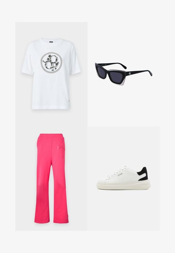 Weißes Baumwoll-T-Shirt mit einem runden grafischen Logo, das ein Schwarz-Grau Tiermuster-Design zeigt. Kurze Ärmel und eine lockere Passform.; Fuchsiafarbene Hose mit lockerer Passform, gefertigt aus weichem Baumwollstoff. Sie verfügt über einen elastischen Bund und eine gestickte Logodetail auf der Vorderseite.; Weiße Leder-Sneaker mit einer dicken weißen Sohle, schwarzem Wildlederakzent an der Ferse und geprägtem Logo an der Seite. Schnürdesign mit sechs Ösen.; Schwarze übergroße Sonnenbrille mit geometrischer Form, ausgestattet mit dunklen Gläsern und einem kontrastierenden grauen Detail im Rahmen. Logo am Bügel.