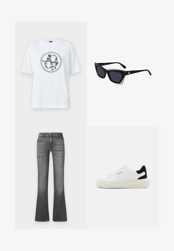 Weißes Baumwoll-T-Shirt mit einem runden grafischen Logo, das ein Schwarz-Grau Tiermuster-Design zeigt. Kurze Ärmel und eine lockere Passform.; Graue ausgestellte Jeans aus Denim mit einem mittelhohen Bund, subtiler Ausbleichung und klassischem Fünf-Taschen-Design.; Weiße Leder-Sneaker mit einer dicken weißen Sohle, schwarzem Wildlederakzent an der Ferse und geprägtem Logo an der Seite. Schnürdesign mit sechs Ösen.; Schwarze übergroße Sonnenbrille mit geometrischer Form, ausgestattet mit dunklen Gläsern und einem kontrastierenden grauen Detail im Rahmen. Logo am Bügel.