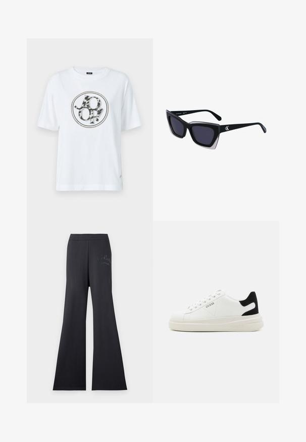 Witte katoenen t-shirt met een ronde grafische logo in een zwart en grijs dierenprint ontwerp. Korte mouwen en een relaxte fit.; Zwarte wijde broeken met een elastische tailleband, gemaakt van zachte stof. Bevat een geborduurd logo in een contrasterende kleur aan de zijkant.; Witte leren sneakers met een dikke witte zool, zwarte suède hielaccent en een geperst logo op de zijkant. Vetersluiting met zes oogjes.; Zwarte oversized zonnebril met een geometrische vorm, voorzien van donkere glazen en een contrasterend grijs detail op het montuur. Logo op de arm.