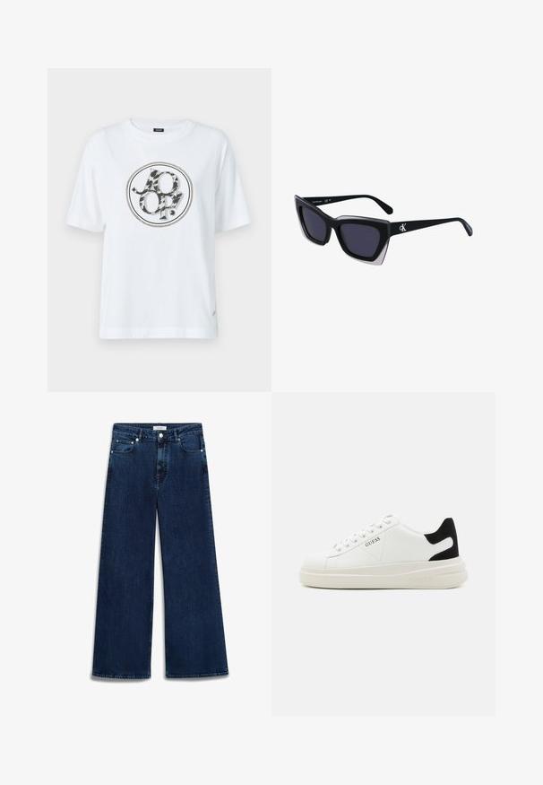 T-shirt blanc en coton avec un logo graphique rond à motif animal en noir et gris. Manches courtes et coupe décontractée.; Jean en denim à jambe large de couleur bleu foncé avec une finition légèrement délavée, design à cinq poches, fermeture à bouton et passants de ceinture.; Baskets en cuir blanc avec une épaisse semelle blanche, un accent en daim noir au niveau du talon et un logo embossé sur le côté. Design à lacets avec six œillets.; Lunettes de soleil noires surdimensionnées avec une forme géométrique, dotées de verres foncés et d'un détail gris contrastant sur la monture. Logo sur la branche.
