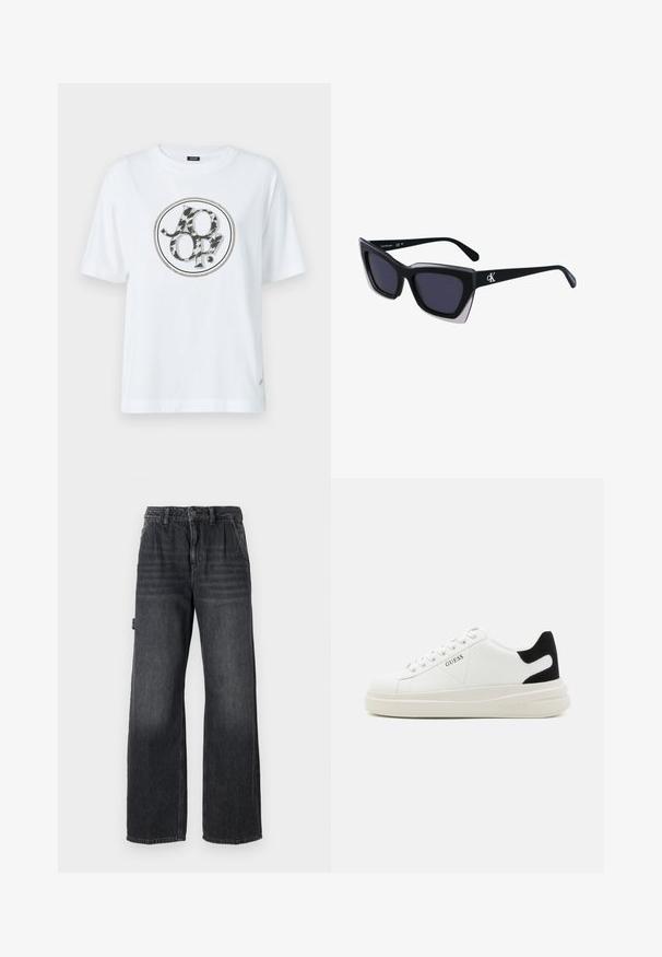Weißes Baumwoll-T-Shirt mit einem runden grafischen Logo, das ein Schwarz-Grau Tiermuster-Design zeigt. Kurze Ärmel und eine lockere Passform.; Weite Jeans aus dunkelgrauem Denim, mit hoher Taille, Fronttaschen und dezenten Waschungen an den Oberschenkeln. Kontrastierende Nähte.; Weiße Leder-Sneaker mit einer dicken weißen Sohle, schwarzem Wildlederakzent an der Ferse und geprägtem Logo an der Seite. Schnürdesign mit sechs Ösen.; Schwarze übergroße Sonnenbrille mit geometrischer Form, ausgestattet mit dunklen Gläsern und einem kontrastierenden grauen Detail im Rahmen. Logo am Bügel.