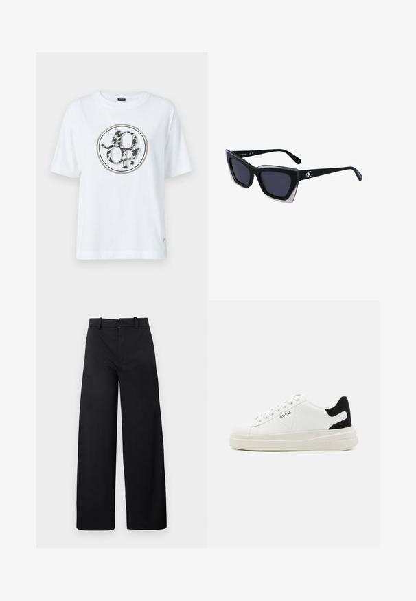 Weißes Baumwoll-T-Shirt mit einem runden grafischen Logo, das ein Schwarz-Grau Tiermuster-Design zeigt. Kurze Ärmel und eine lockere Passform.; Schwarze weite Hosen aus Stoff mit einem Reißverschluss vorne, Gürtelschlaufen und einer glatten Textur ohne sichtbare Muster oder Akzente.; Weiße Leder-Sneaker mit einer dicken weißen Sohle, schwarzem Wildlederakzent an der Ferse und geprägtem Logo an der Seite. Schnürdesign mit sechs Ösen.; Schwarze übergroße Sonnenbrille mit geometrischer Form, ausgestattet mit dunklen Gläsern und einem kontrastierenden grauen Detail im Rahmen. Logo am Bügel.