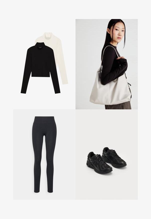 Deux pulls à col roulé à manches longues, l'un noir et l'autre blanc, au design ajusté, fabriqués dans un tissu lisse et extensible.; Leggings noirs avec une taille haute, présentant une texture lisse et un design ajusté. Aucune motif visible ni détail métallique.; Chaussures de sport noires en maille et en matériaux synthétiques. Elles disposent d'une semelle rembourrée, de motifs texturés et d'un logo en relief sur le côté.; Sac à main beige en matériau souple, avec un design décontracté, des détails cousus et deux poignées. Idéal pour un usage quotidien.