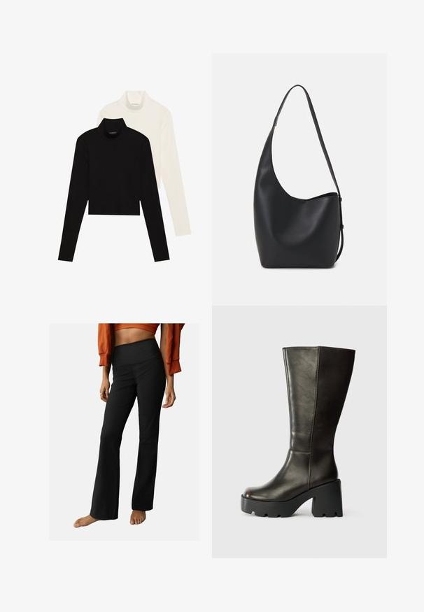 Du mėlyni ilgomis rankovėmis meškere, vienas juodas ir vienas baltas, tvirtos konstrukcijos, pagamintas iš lygaus, tampraus audinio.; Juodos plonos platėjančios kelnės su aukštu liemeniu, pasižyminčios lygia tekstūra ir paprastu dizainu. Pabrėžia šiek tiek išplatėjanti apačia.; Ruda oda iki kelių siekanti botas su apvali pirštine, storu juodu platformu ir blokuotu kulnu. Išsiskiria švelniu paviršiumi ir minimaliais siuvimo akcentais.; Juodas odinis hobo maišas su lygiu paviršiumi, kreipta forma ir viena reguliuojama rankena; turi platų atidarymą viršuje.